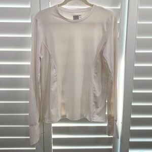 Lucky in Love long sleeve white athletic top. Underarm mesh panels  thumb holes